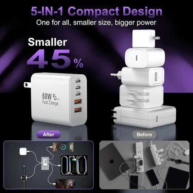 Alt view image 7 of 7 - USB C Fast Wall Charger Block 2Pack 60W USBC Charging Cubes 5-Port PD+QC Power Adapter Multiport Brick Type C Box Plug for iPhone 16/15/14/13/12/11/Pro Max/Plus iPad mini/Pro Galaxy S25/S24