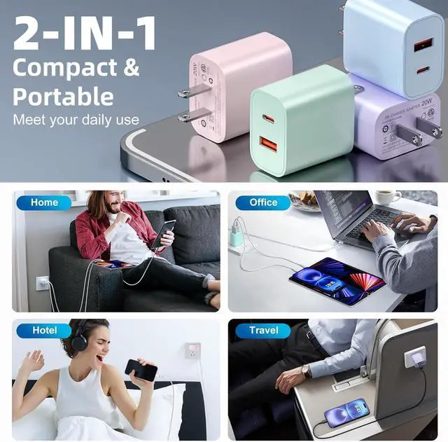 Alt view image 7 of 7 - USB C Charger Block [4 Pack] Dual Port Type C Fast Charging Block 20W USB-C Power Adapter & QC 3.0 USB A Port Type C Wall Charger Plug for iPhone 16/15/14/14 Pro/14 Plus/13/12/11 lPad Galaxy More