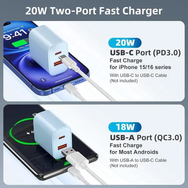 Alt view image 5 of 7 - USB C Charger Block [4 Pack] Dual Port Type C Fast Charging Block 20W USB-C Power Adapter & QC 3.0 USB A Port Type C Wall Charger Plug for iPhone 16/15/14/14 Pro/14 Plus/13/12/11 lPad Galaxy More
