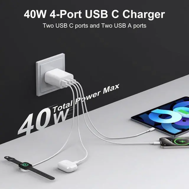 Alt view image 2 of 7 - USB C Charger Block 3-Pack 40W Wall Plug Fast Charging Block 4-Port PD + QC Power Adapter Type C Charging Blocks Cube Compatible with iPhone 16/15/14/13/12/11/Pro Max TabletsWhite