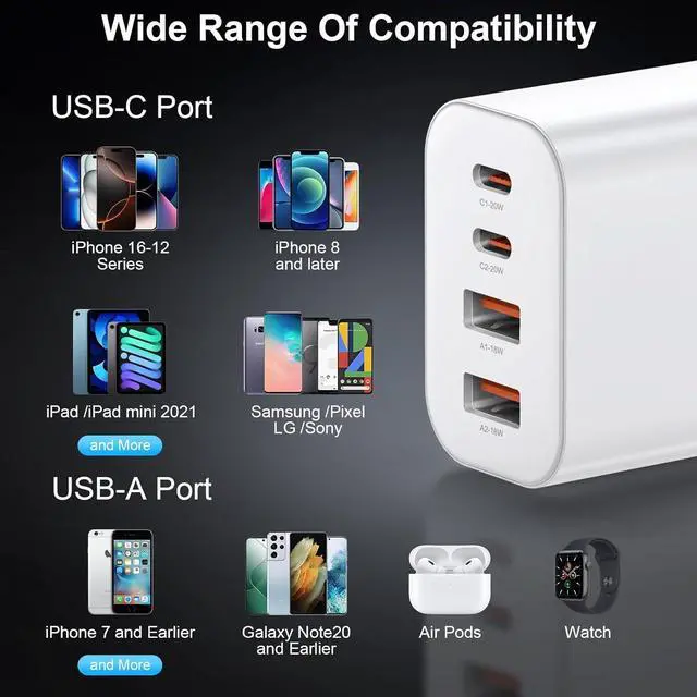 Alt view image 3 of 7 - USB C Charger Block 3-Pack 40W Wall Plug Fast Charging Block 4-Port PD + QC Power Adapter Type C Charging Blocks Cube Compatible with iPhone 16/15/14/13/12/11/Pro Max TabletsWhite