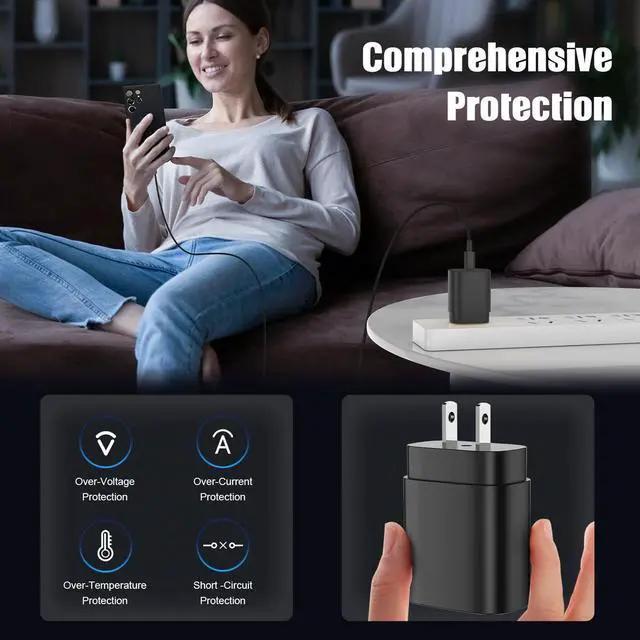 Alt view image 4 of 7 - 25W Type C Super Fast Charging 4-Pack USB C Wall Charger Block with 2×6ft + 2×10ft USB C to C Cables for  Galaxy S25 Ultra/S25+/S25/S24/S23/S22/Note 20 Series (ETL/FCC Certified)