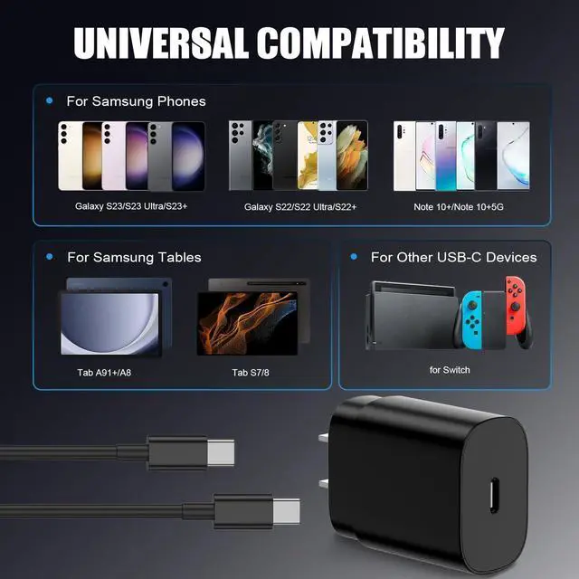 Alt view image 6 of 7 - 25W Type C Super Fast Charging 4-Pack USB C Wall Charger Block with 2×6ft + 2×10ft USB C to C Cables for  Galaxy S25 Ultra/S25+/S25/S24/S23/S22/Note 20 Series (ETL/FCC Certified)