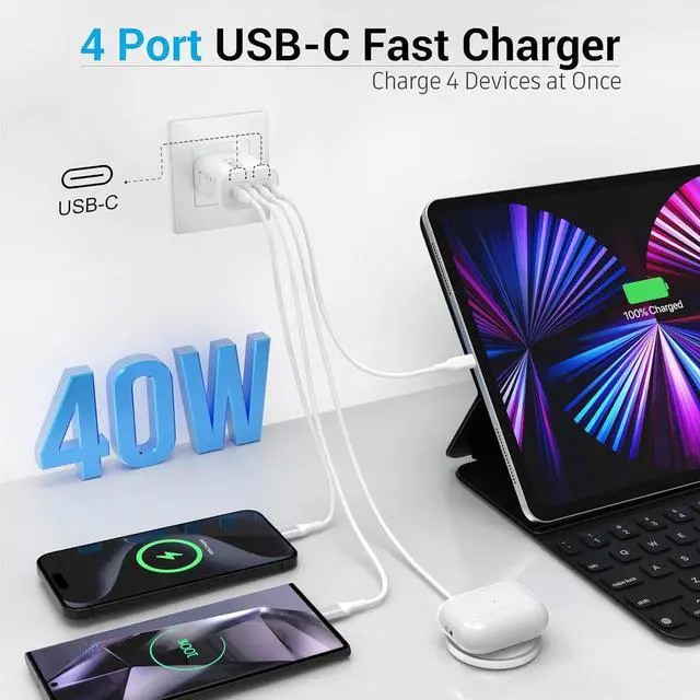 Alt view image 4 of 7 - 40W USB C Charging Block 4 USB C Ports Type C Wall Plug Fast Charger Cube Power Adapter Box for iPhone 16 15 14 13 12 11 Galaxy Phones Watch Tablet Smartphones - 2Pack