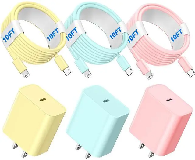 Main image of Compatible with iPhone USB C to ightning Cable 3Pack 10FT Long Phone Cables Type C Phone Charger Cord Fast Charging for Phone 14 13 12 11 Pro Max X XS XR 8 7 6s Plus SE and More-YellowBluePink