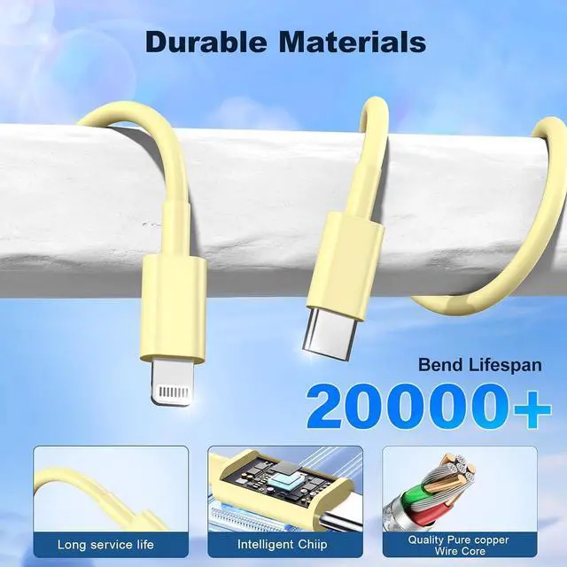 Alt view image 4 of 7 - Compatible with iPhone USB C to ightning Cable 3Pack 10FT Long Phone Cables Type C Phone Charger Cord Fast Charging for Phone 14 13 12 11 Pro Max X XS XR 8 7 6s Plus SE and More-YellowBluePink