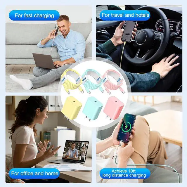 Alt view image 7 of 7 - Compatible with iPhone USB C to ightning Cable 3Pack 10FT Long Phone Cables Type C Phone Charger Cord Fast Charging for Phone 14 13 12 11 Pro Max X XS XR 8 7 6s Plus SE and More-YellowBluePink