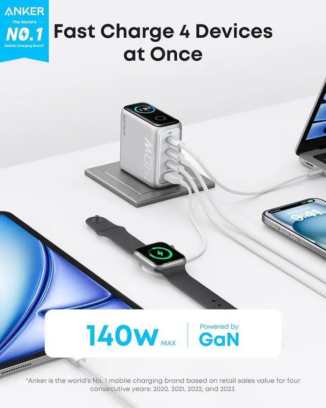 Alt view image 2 of 6 - Laptop Charger 140W MAX USB C Charger 4-Port Multi-Device Fast Charging Advanced GaN Power Adapter Intuitive Touch Controls for MacBook iPhone 16 Series  Galaxy Pixel and More