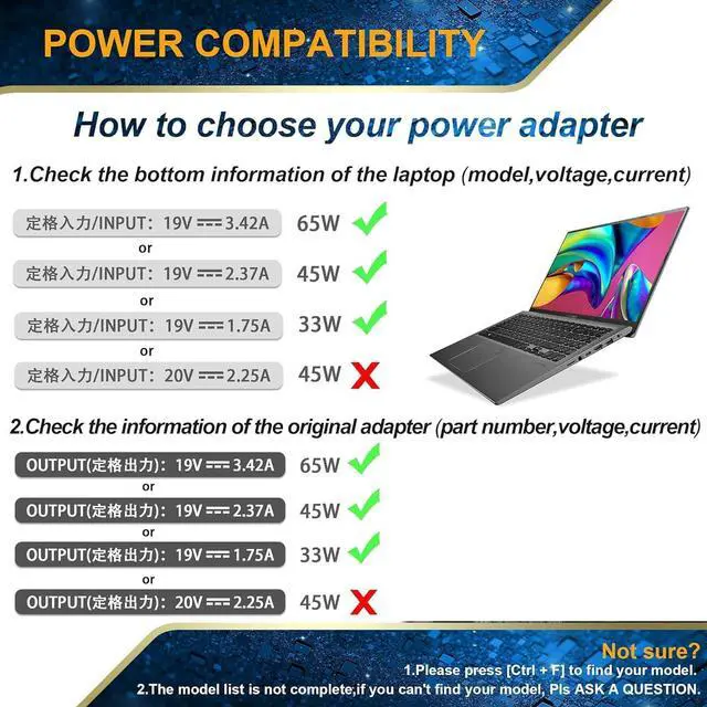 Alt view image 6 of 7 - 65W 45W 33W Charger for Asus Laptop Charger,Vivobook, Zenbook, Chromebook Notebook