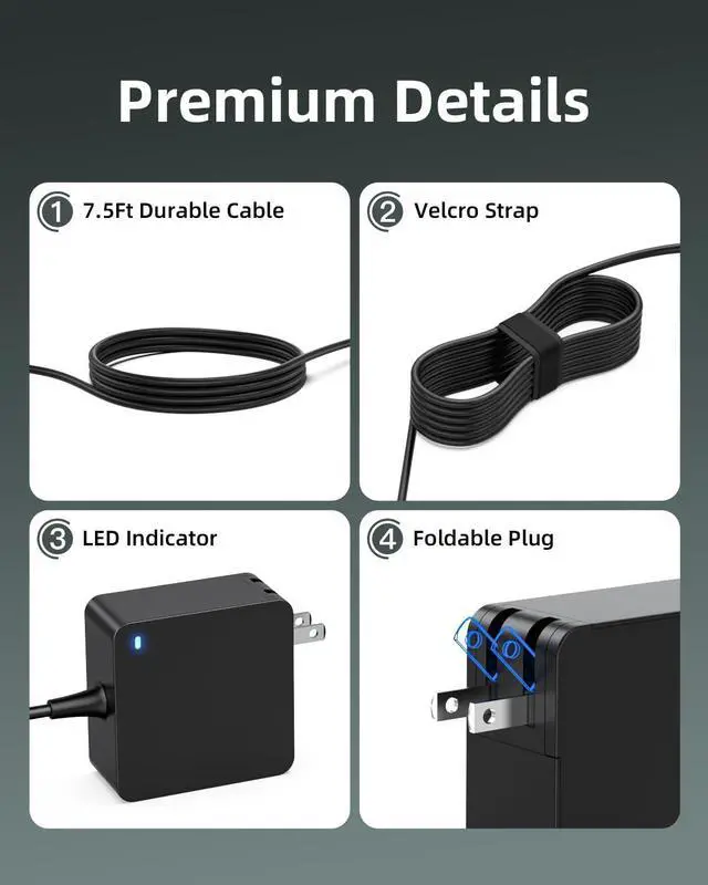 Alt view image 2 of 6 - Charger for  Laptop - Ideapad 3 1 5 S340 S145 330 320 310 Flex 5 V14 V15 V17 (UL Safety Certified)- Upgraded Version Foldable Plug Lengthened Power Cable Charging Light 65W 45W