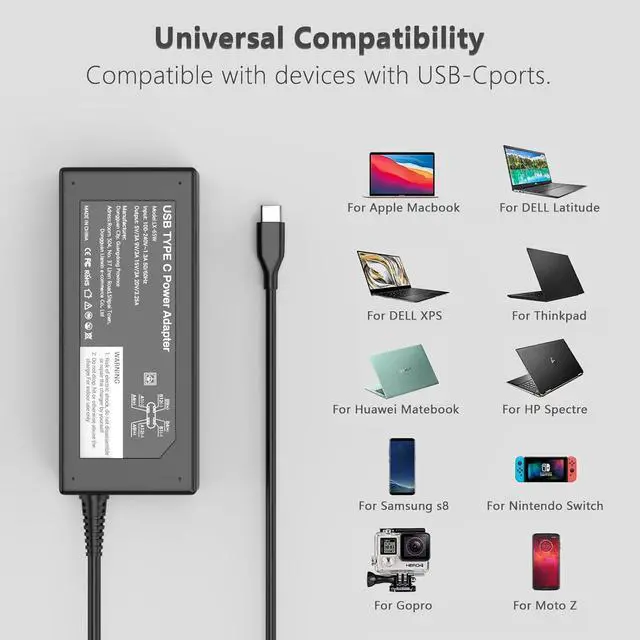 Alt view image 6 of 7 - 65W USB C Laptop Charger Compatible with  Laptop Charger and More Chromebook Type C Power Cord
