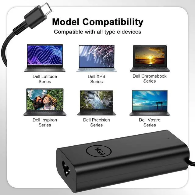 Alt view image 4 of 7 - New Slim 65W USB C  Laptop Charger Replacement AC Adapter for  Latitude 7420 Charger 5440 5430 5420 5520 5530 5540 XPS 13 9305 Chromebook 3100 Computer Type C Fast Charging 11FT Power Cord