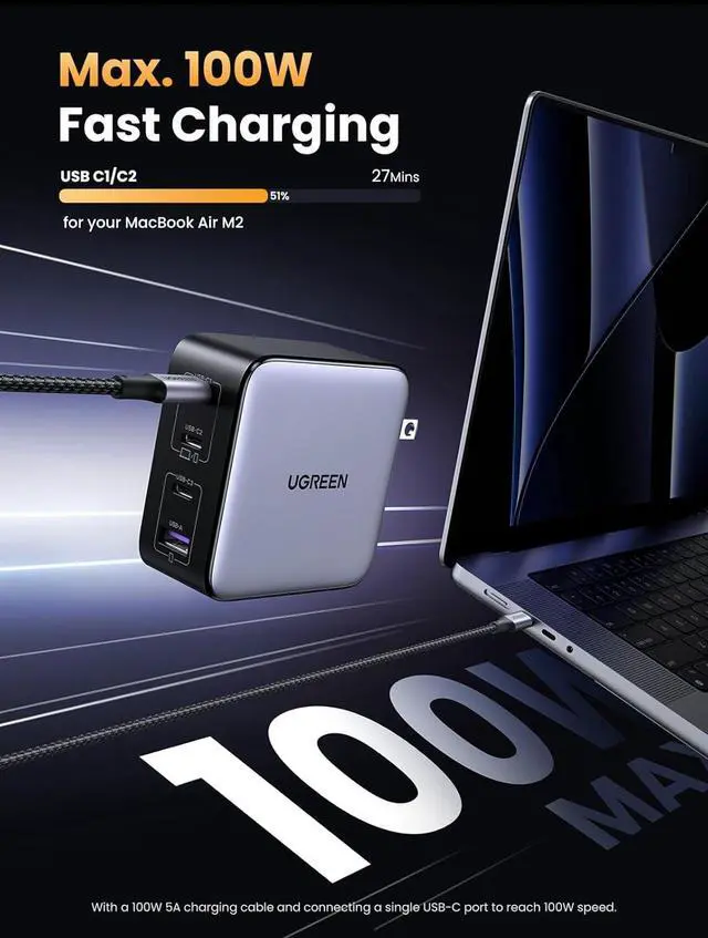 Alt view image 2 of 7 - 100W USB C Charger Nexode 4-Port GaN Foldable Compact Fast Laptop Charger Power Adapter for MacBook Pro/Air iPad Pro iPhone 16 Pro Galaxy S25/S24 Steam Deck Google Pixelbook and More