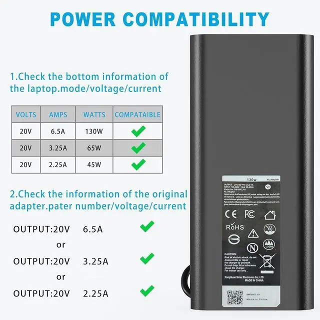 Alt view image 3 of 7 - 130W USB-C Laptop Charger Compatible with Dell Laptop Charger,AC Adapter Power Cord for Dell XPS 15 2-in-1 9575 XPS 17 Precision 5530 2-in-1 5550 5750 3560 DA130PM170, HA130PM170, 0K00F5,K00F5