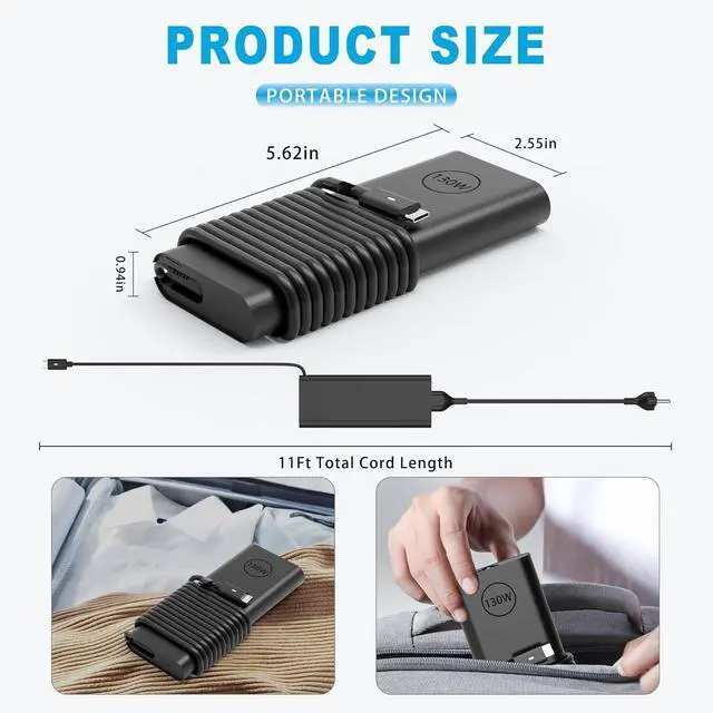 Alt view image 5 of 7 - 130W USB-C Laptop Charger Compatible with Dell Laptop Charger,AC Adapter Power Cord for Dell XPS 15 2-in-1 9575 XPS 17 Precision 5530 2-in-1 5550 5750 3560 DA130PM170, HA130PM170, 0K00F5,K00F5