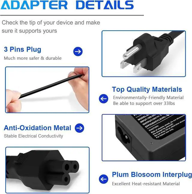 Alt view image 4 of 7 - N15Q8 N15Q9 N16P1 N20C5 65W 19V 3.42A Charger Replacement for  Laptop AC Adapter A13-045N2A A11-065N1A Pa-1450-26 Aspire 1 5 R15 Slim A515-54 Chromebook C738T C740 Spin 1 3 5 Swift 3 Power Cord