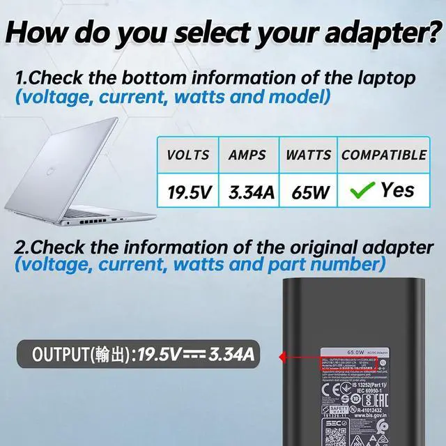 Alt view image 3 of 7 - 65W Watt 7.4mm Laptop Charger Fit for Dell Latitude 5580 5490 7490 E6430 E5470 5400 5500 5480 5590 7480 5290 7290 E6420 E7470 E5440 E7440 E7450 LA65NM130 19.5V 3.34A AC Adapter Power Cord