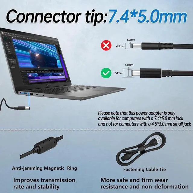 Alt view image 4 of 7 - 65W Watt 7.4mm Laptop Charger Fit for Dell Latitude 5580 5490 7490 E6430 E5470 5400 5500 5480 5590 7480 5290 7290 E6420 E7470 E5440 E7440 E7450 LA65NM130 19.5V 3.34A AC Adapter Power Cord