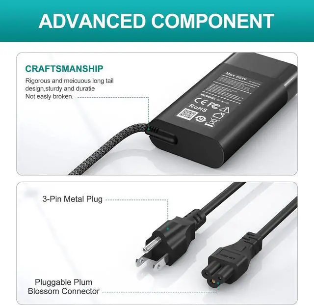 Alt view image 5 of 7 - New 65W USB C Slim Replacement for HP Laptop Charger Spectre x360 Envy Chromebook Elitebook x360 Pavilion Elite x2 Regular HP Chromebook and Elitebook Charger.