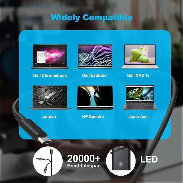 Alt view image 2 of 7 - 65W 60W USB Type C Charger for Dell Laptop Latitude 5540 5440 7440 5450 e5430 5430 5530 7430 3450 5550 5350 7450 5420 7420 5520 e5440 2in1, XPS 13, Chromebook 3100 Power Cord, Dell Computer AC Adapter