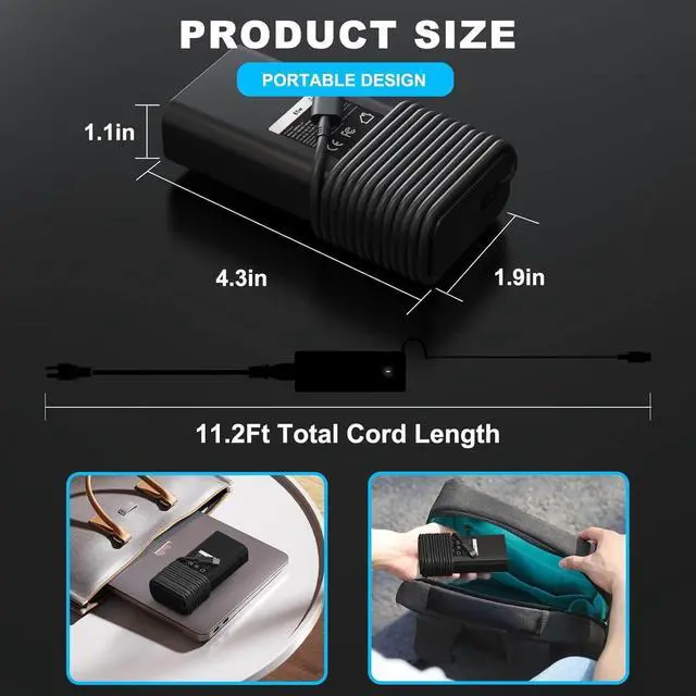Alt view image 3 of 7 - 65W 60W USB Type C Charger for Dell Laptop Latitude 5540 5440 7440 5450 e5430 5430 5530 7430 3450 5550 5350 7450 5420 7420 5520 e5440 2in1, XPS 13, Chromebook 3100 Power Cord, Dell Computer AC Adapter
