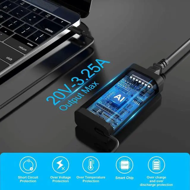 Alt view image 4 of 7 - 65W 60W USB Type C Charger for Dell Laptop Latitude 5540 5440 7440 5450 e5430 5430 5530 7430 3450 5550 5350 7450 5420 7420 5520 e5440 2in1, XPS 13, Chromebook 3100 Power Cord, Dell Computer AC Adapter