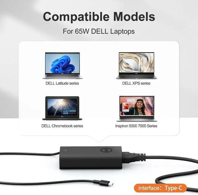 Alt view image 4 of 7 - 65W USB C Laptop Charger Replacement for Dell Latitude 5000-3340 3440 3540 5340 5440 5540 7340 7440 7640 9440 2in1,XPS Chromebook AC Adapter Power Cord