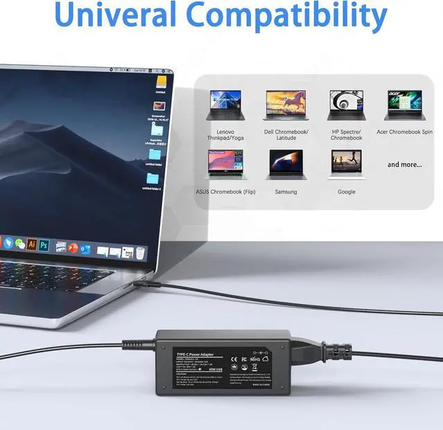 Alt view image 4 of 7 - 65W USB C Laptop Charger AC Adapter Replacement for  Laptop Charger Thinkpad/Yoga/Chromebook T480 T480S C930 C940 100e 300e 500e ADLX65YLC3D 4X20M26268 ADLX65YDC2A
