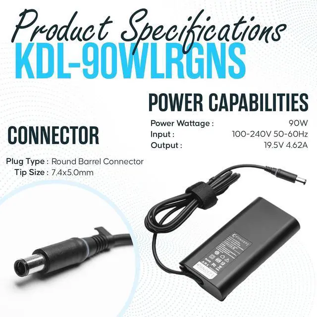Alt view image 3 of 7 - 90W  Laptop Charger 19.5V 4.62A (UL Safety Certified) - Power Supply AC Adapter for Multiple Alienware Inspiron XPS and Latitude Models 7.4 x 5.0 Tip