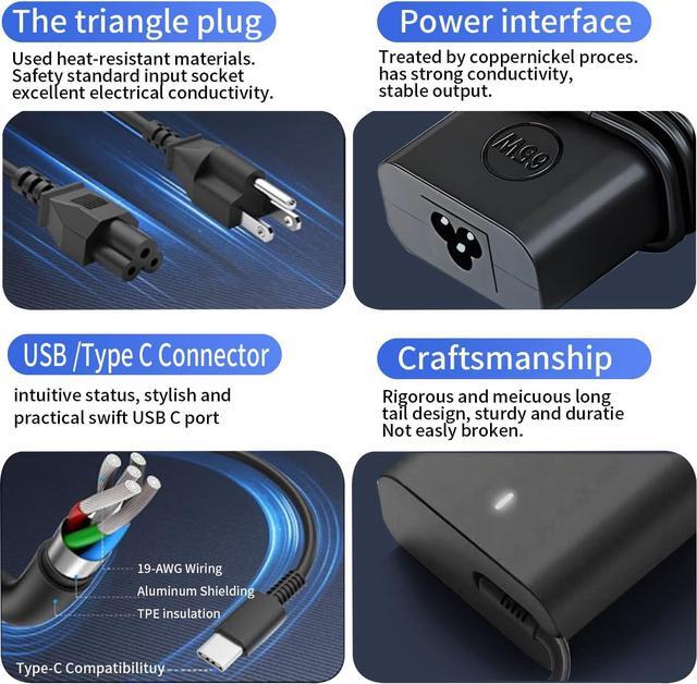 Alt view image 3 of 7 - New 65W USB C Laptop Charger for  Laptop Charger USB C for  Latitude 5420 5430 5440 5520 5540 7430 7420 7440 9440 2in1 XPS 13 9360 Chromebook 3100 Type C  AC Adapter Power Cord