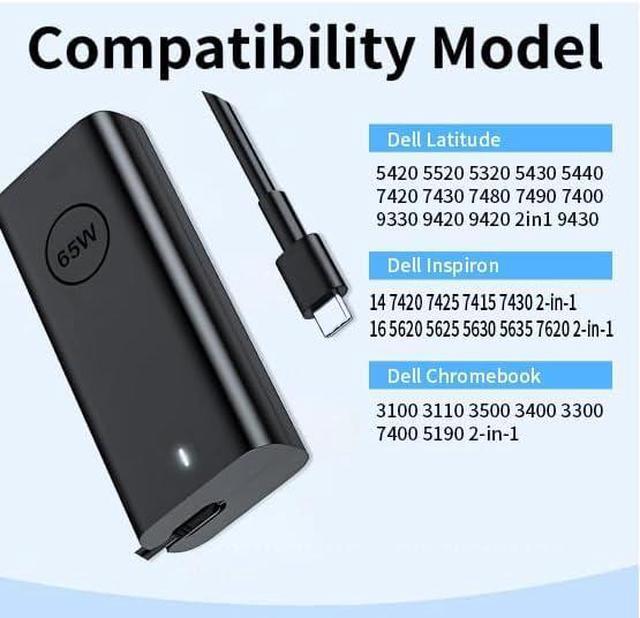 Alt view image 5 of 7 - New 65W USB C Laptop Charger for  Laptop Charger USB C for  Latitude 5420 5430 5440 5520 5540 7430 7420 7440 9440 2in1 XPS 13 9360 Chromebook 3100 Type C  AC Adapter Power Cord