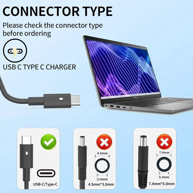Alt view image 3 of 7 - 90W USB C Laptop Charger Fit for Dell XPS 13 9365 9360 9370 XPS 15 9500 Latitude 5420 5520 5540 7389 7390 5289 5300 2in1 DA90PM170 LA90PM170 Fast Charger Type C AC Adapter Power Cord