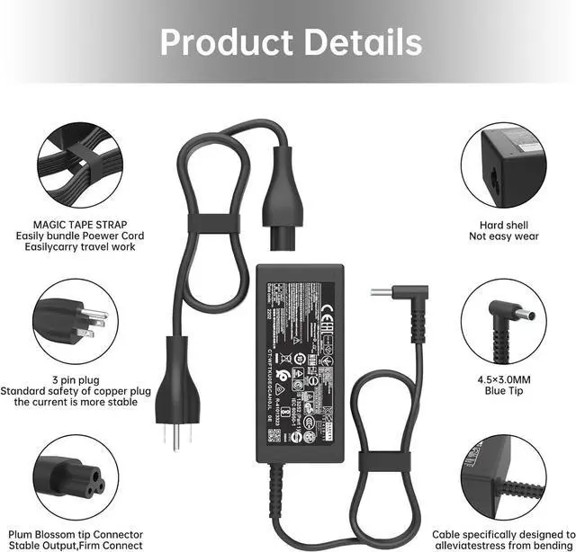 Alt view image 5 of 7 - 45W Laptop Charger Fit for HP 741727-001 HP Pavilion x360 15-f272wm 15-f233wm 15-f222wm 15-f211wm 740015-001 l25296-001 213349-009 HSTNN-LA40 19.5V 2.31A Blue Tip Smart Power AC Adapter