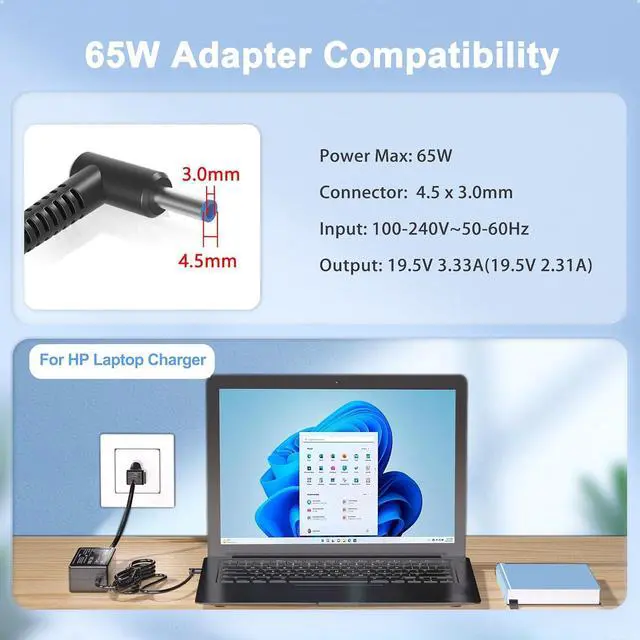 Alt view image 2 of 7 - 65W 19.5V 3.33A Ac Adapter for HP Pavilion x360 11 13 15 Zbook 14u G4 G5 15u 15 G3 15-f111dx 15-f211wm 15-f233wm 15-f278nr 15-r052nr 15-r132wm Power Supply Blue Tip
