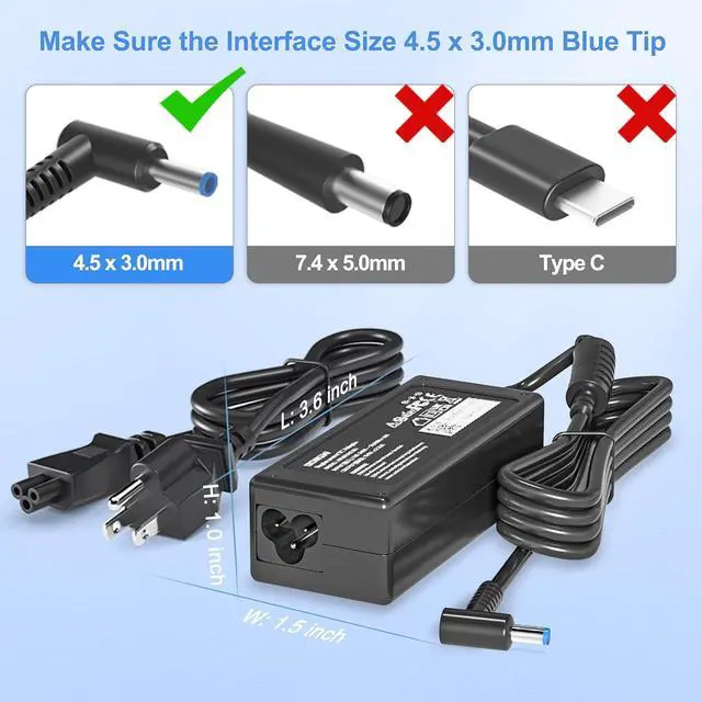 Alt view image 6 of 7 - 65W 19.5V 3.33A AC Adapter Charger Compatible with HP Pavilion x360 11 13 15 17 Envy X360 13 15 Zbook 14u G4 G5 15 G3 15-f111dx 15-f211wm 15-f233wm 15-f278nr 15-r052nr Laptop Power Cord Blue Tip