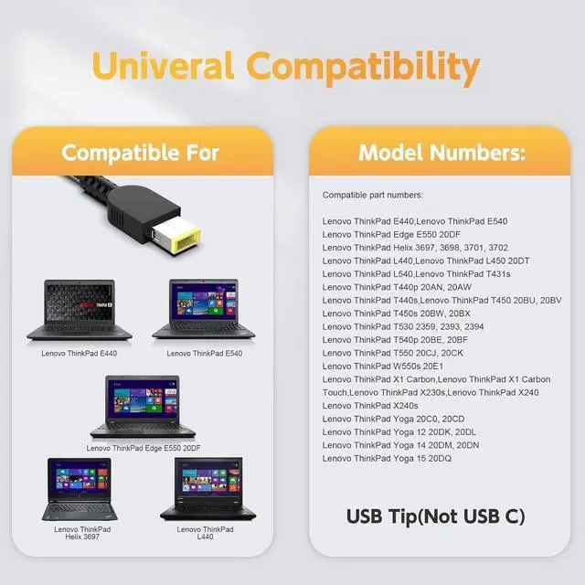 Alt view image 2 of 7 - 65W Fit for  Thinkpad T431P T440 T440P T440S T450 T450S T460 T460S T470 T470S T510I T540P T550 T560 T570 T431s L440 L450 L460 L470 for  Thinkpad Edge E431 E440 E450 Charger Adapter Cord