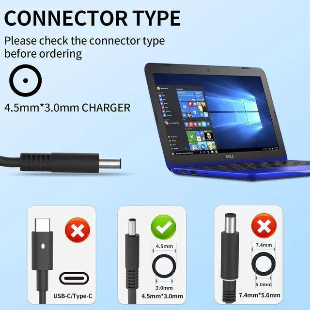Alt view image 3 of 7 - 45W Round Tip Laptop Charger Fit for  Inspiron 13 14 15 3000 5000 7000 Series 15-3552 3555 3558 3565 3567 5551 5552 5555 5558 5559 DA45NM140 LA45NM140 19.5V 2.31A AC Adapter Power Cord