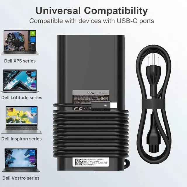 Alt view image 6 of 7 - 90W USB C Laptop Charger Fit for Dell XPS 13 9365 9360 9370 XPS 15 9500 Latitude 5420 5520 5540 7389 7390 5289 5300 2in1 DA90PM170 LA90PM170 Fast Charger Type C AC Adapter Power Cord