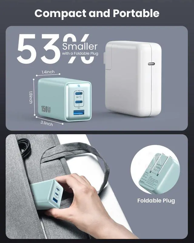Alt view image 6 of 7 - 150W USB C Charger Block GaN III Compact Foldable Wall Charger 3 Port Fast Charging Station PD QC PPS Portable USB C Hub 100W Laptop Adapter for MacBook Pro/Air iPad iPhone 16/Pro Galaxy S24  etc
