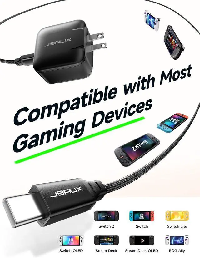 Alt view image 5 of 7 - 65W USB C Charger for Nintendo Switch 2 ROG Ally Steam Deck Tablets Laptops  Galaxy Pixel 65 Watt PD Wall Fast Charger with 6.6FT USB C to C Cable EU & UK Plug