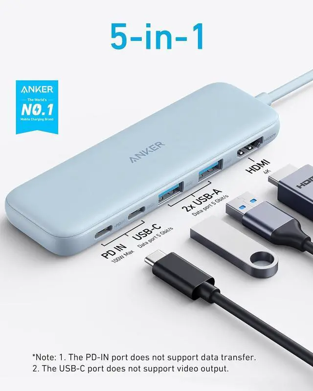 Alt view image 2 of 6 - Anker USB C Hub, 5-in-1 USBC to HDMI Hub with 4K Display, 5Gbps USB-C and 2 5Gbps USB-A Data Ports for MacBook Pro, MacBook Air, Dell XPS, Lenovo Thinkpad, HP Laptops and More (Blue)