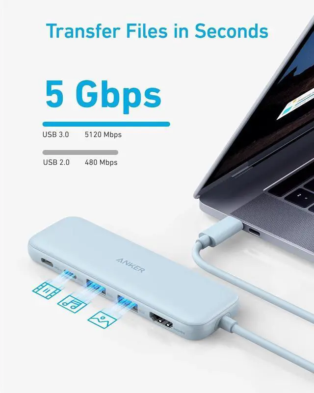 Alt view image 4 of 6 - Anker USB C Hub, 5-in-1 USBC to HDMI Hub with 4K Display, 5Gbps USB-C and 2 5Gbps USB-A Data Ports for MacBook Pro, MacBook Air, Dell XPS, Lenovo Thinkpad, HP Laptops and More (Blue)