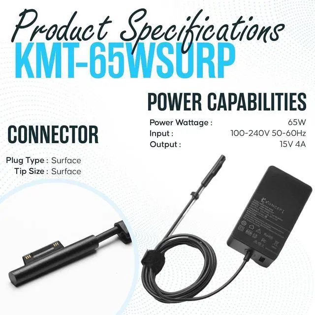 Alt view image 3 of 7 - 65W 15V 4A Microsoft Surface Pro Laptop Charger - Power Supply AC Adapter 100-240V 50-60Hz for Surface Pro 10/9/8/7/7+/6/5/4/3/X Windows Surface Laptop 6/5/4/3/2/1/Surface Go Tablet Surface Book 3/2/1