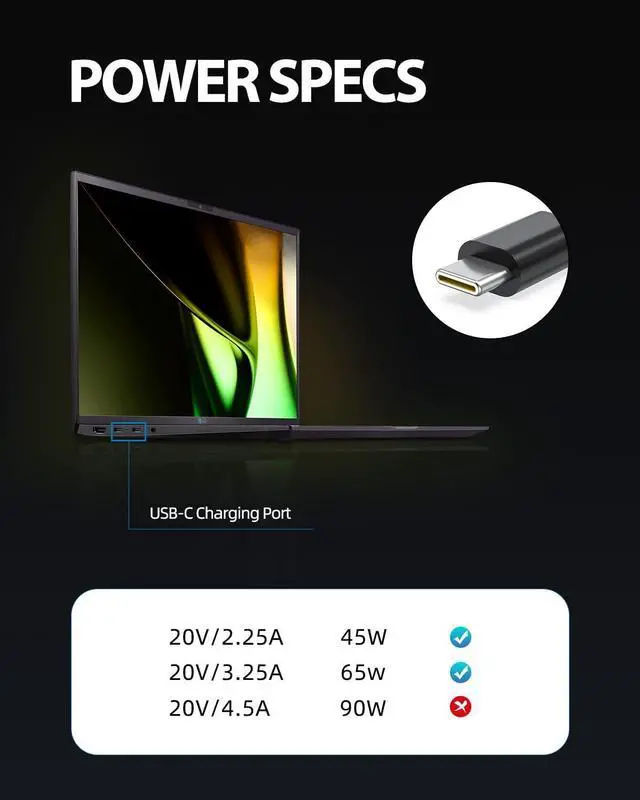 Alt view image 4 of 6 - PD 65W USB C Fast Charger Replacement for LG Gram Laptop 14 15 16 17 Series 14Z90Q 15Z90Q 16T90P 16Z90P 16T90Q 17Z90P 17Z95P 17Z90Q 17Z90R 17Z90S UL Certified Power Supply AC Adapter Charging Cord