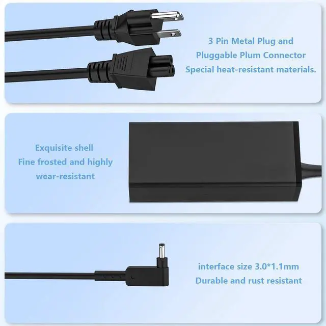 Alt view image 3 of 7 - 45W 3.0 * 1.1mm Small Pin Charger Fit for  ADP-45FE F PA-1450-26 Aspire A515-44 A515-45-R74Z A515-46-R3UB A515-46-R14K A515-54 A515-56-32DK A315-24P-R7VH A18-045N2A Laptop Adapter Power Cord