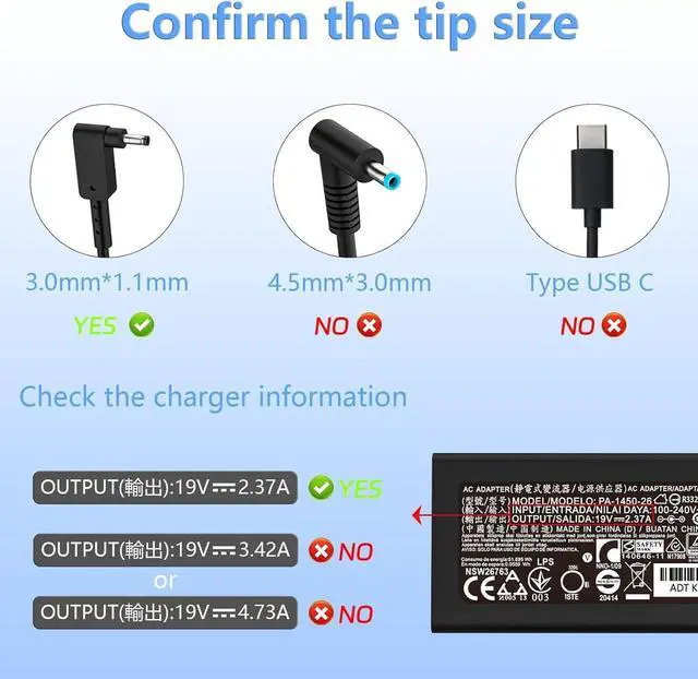 Alt view image 4 of 7 - 45W 3.0 * 1.1mm Small Pin Charger Fit for  ADP-45FE F PA-1450-26 Aspire A515-44 A515-45-R74Z A515-46-R3UB A515-46-R14K A515-54 A515-56-32DK A315-24P-R7VH A18-045N2A Laptop Adapter Power Cord