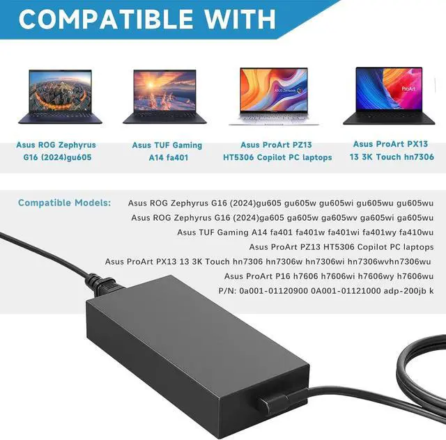 Alt view image 4 of 7 - 200W Laptop Charger for  ROG Zephyrus G16 GU605 GU605MI GU605CM GU605CP GA605 GA605WV GA605WI GA605WV  TUF Gaming A14 FA401WV FA401UV FA401UU ProArt Copilot+ PC P16 H7606 PX13 HN7306