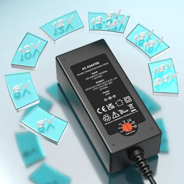 Alt view image 2 of 7 - 65W Universal Laptop Charger for  HP    Gateway  Monitor Power Cord 5V 6V 10V 12V 13.5V 14V 15V 16V 18V 18.5V 19V 19.5V 20V DC Power Supply AC Adapter with 16 Tips