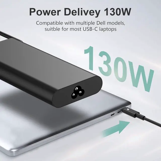 Alt view image 2 of 6 - Replacement for Dell 130W Laptop Charger USB C Type C Slim AC Power Adapter for Dell Xps 17,Precision 5550 5530 2in1,XPS 15 2in1 9575Latitude 7410 7310 7210 9410 9510 5420 5520 5510 Power Supply Cord