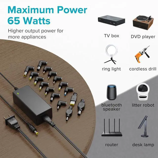 Alt view image 7 of 7 - 65W Universal Laptop Charger for  HP    Gateway  Monitor Power Cord 5V 6V 10V 12V 13.5V 14V 15V 16V 18V 18.5V 19V 19.5V 20V DC Power Supply AC Adapter with 16 Tips